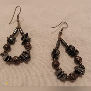 Hematite-Tone Beaded Teardrop Earrings with silver Accents